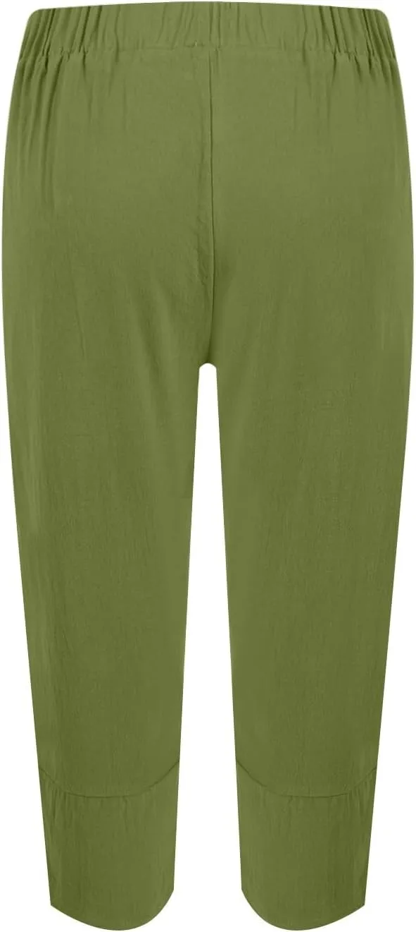 Linen Capri Pants for Women Summer Drawstring Elastic Waist Straight Wide Leg Cropped Trousers Beach Vacation Clothes