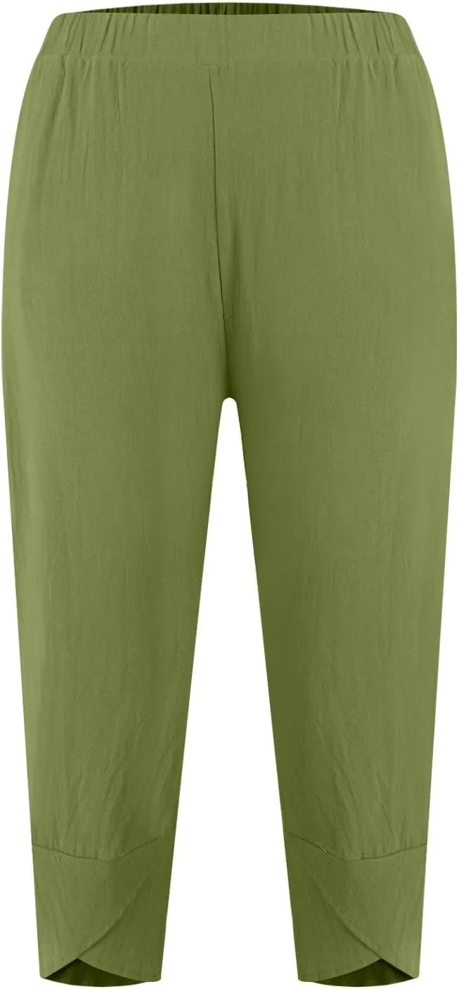 Linen Capri Pants for Women Summer Drawstring Elastic Waist Straight Wide Leg Cropped Trousers Beach Vacation Clothes
