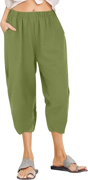Linen Capri Pants for Women Summer Drawstring Elastic Waist Straight Wide Leg Cropped Trousers Beach Vacation Clothes