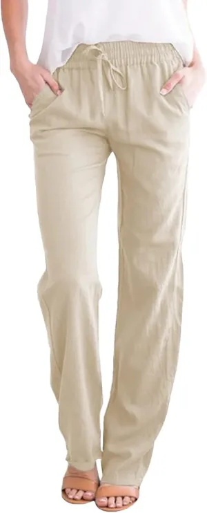 Linen Pants for Women 2025 Summer Drawstring Pants Casual Loose Wide Leg Lounge Trousers for Beach Travel Vacation