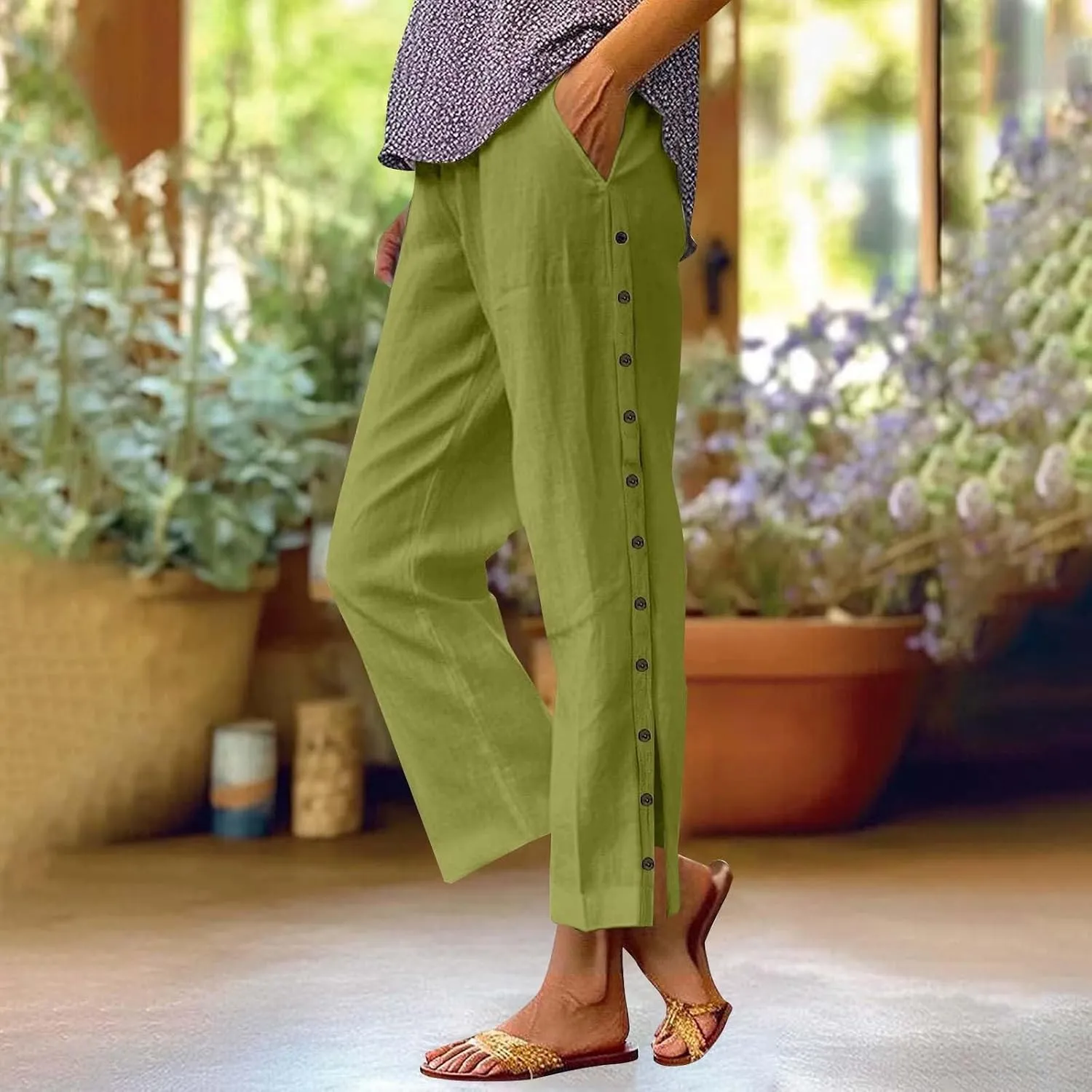 Linen Pants for Women High Waisted Elastic Drawstring Beach Pants Casual Loose Wide Leg Trousers with Pockets