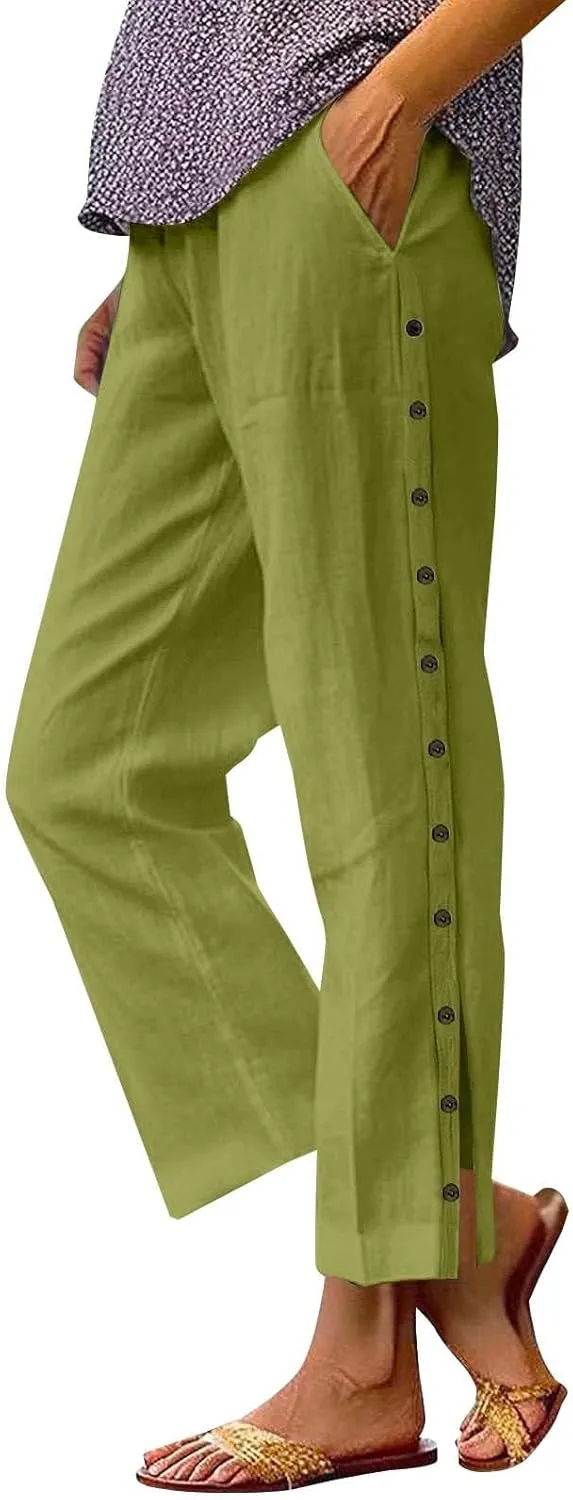 Linen Pants for Women High Waisted Elastic Drawstring Beach Pants Casual Loose Wide Leg Trousers with Pockets