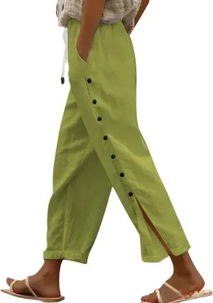 Linen Pants for Women High Waisted Elastic Drawstring Beach Pants Casual Loose Wide Leg Trousers with Pockets