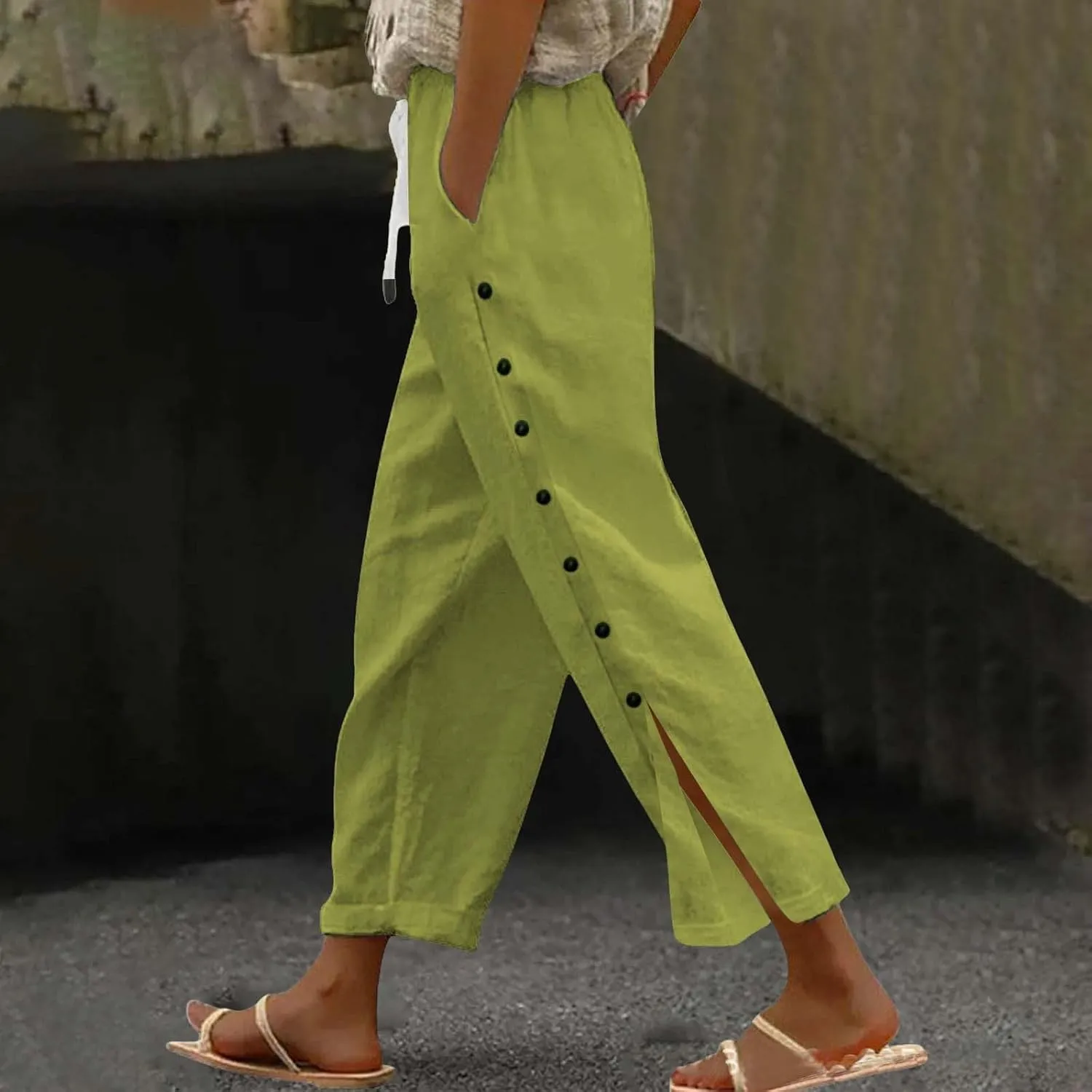 Linen Pants for Women High Waisted Elastic Drawstring Beach Pants Casual Loose Wide Leg Trousers with Pockets