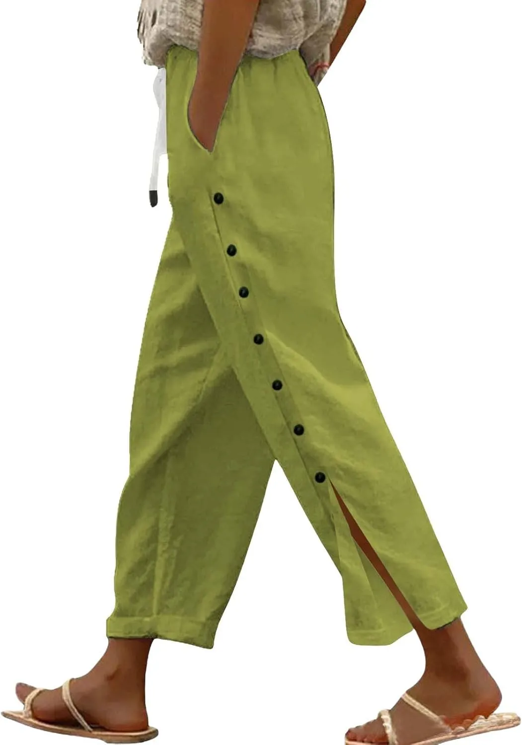 Linen Pants for Women High Waisted Elastic Drawstring Beach Pants Casual Loose Wide Leg Trousers with Pockets