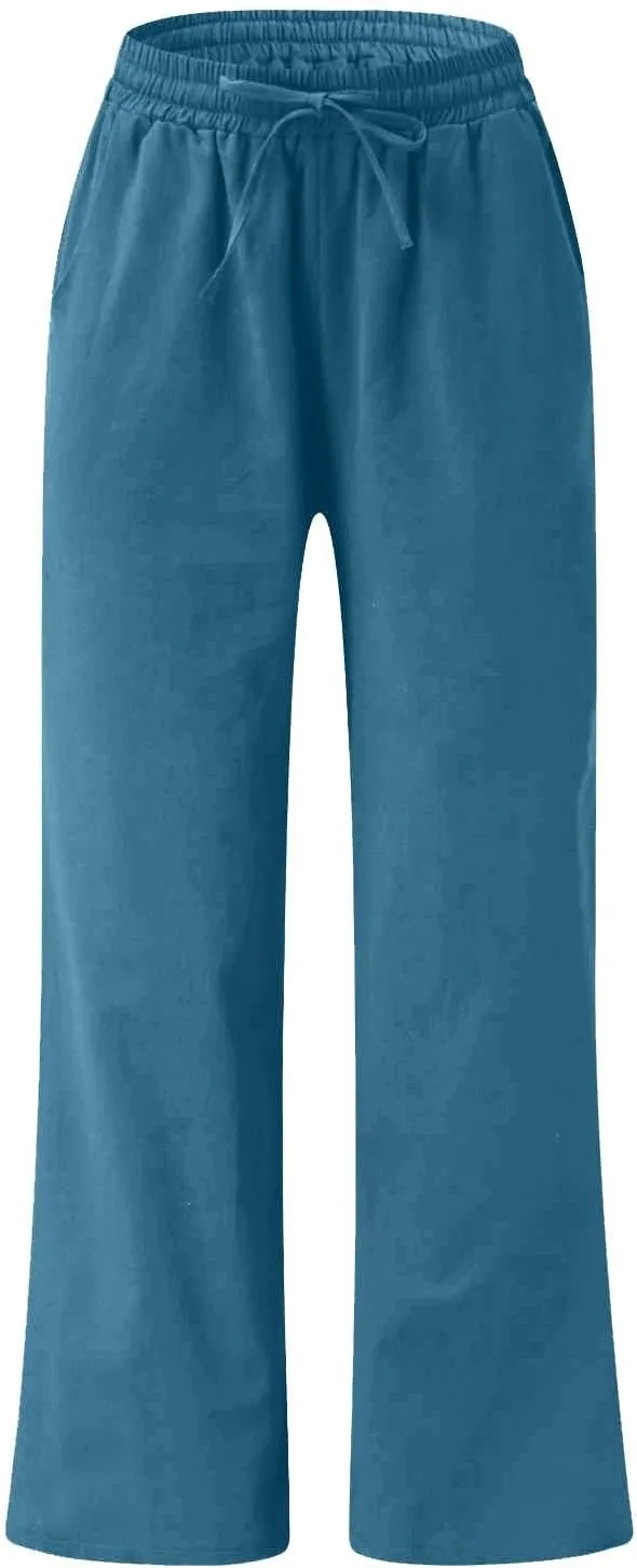 Linen Pants Women Casual Loose Fit Beach Wide Leg Trousers Summer Drawstring Flowy Lounge Palazzo with Pockets