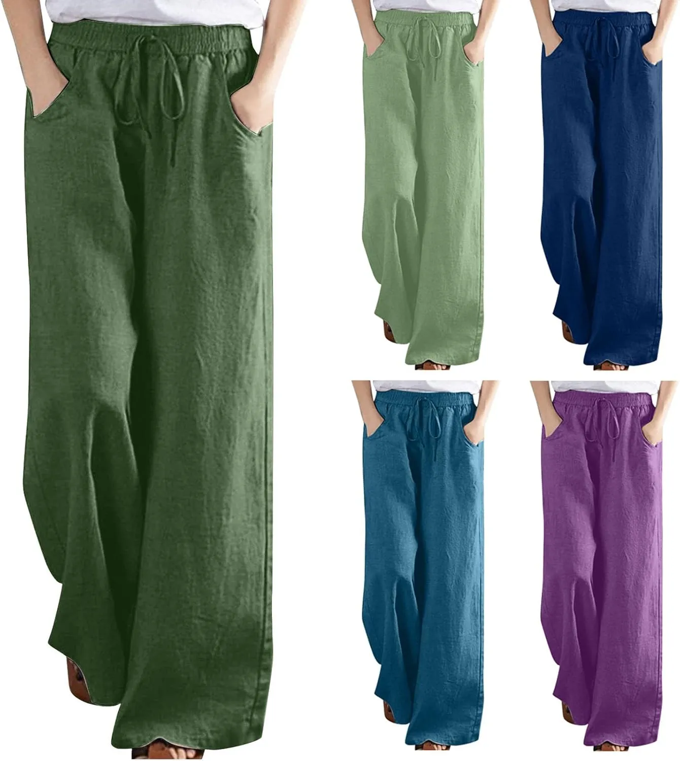 Linen Pants Women Casual Loose Fit Beach Wide Leg Trousers Summer Drawstring Flowy Lounge Palazzo with Pockets