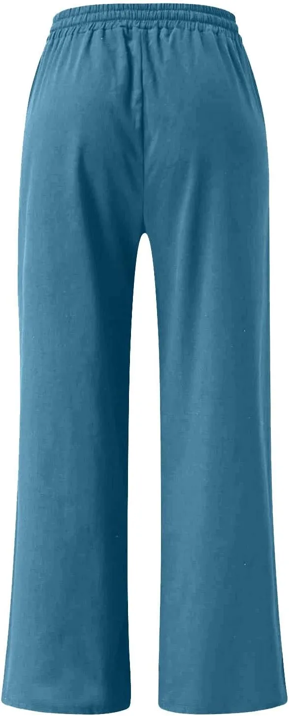 Linen Pants Women Casual Loose Fit Beach Wide Leg Trousers Summer Drawstring Flowy Lounge Palazzo with Pockets