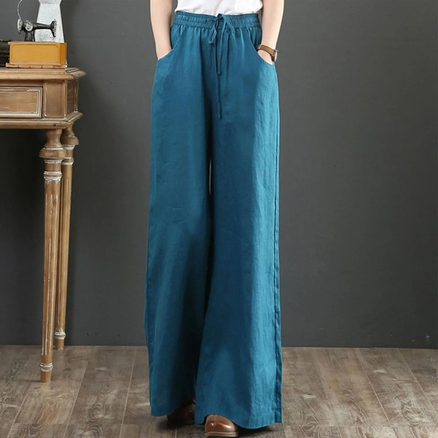 Linen Pants Women Casual Loose Fit Beach Wide Leg Trousers Summer Drawstring Flowy Lounge Palazzo with Pockets