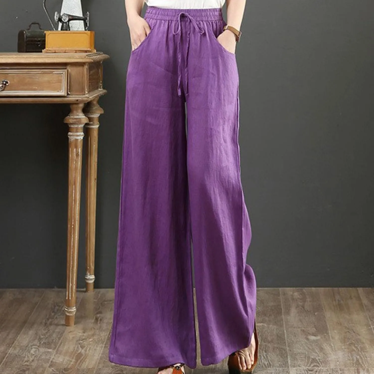 Linen Pants Women Casual Loose Fit Beach Wide Leg Trousers Summer Drawstring Flowy Lounge Palazzo with Pockets