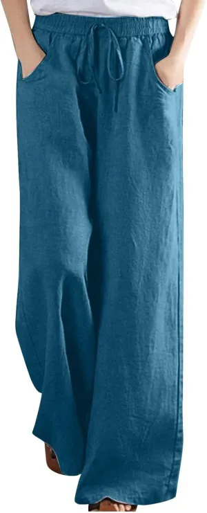 Linen Pants Women Casual Loose Fit Beach Wide Leg Trousers Summer Drawstring Flowy Lounge Palazzo with Pockets