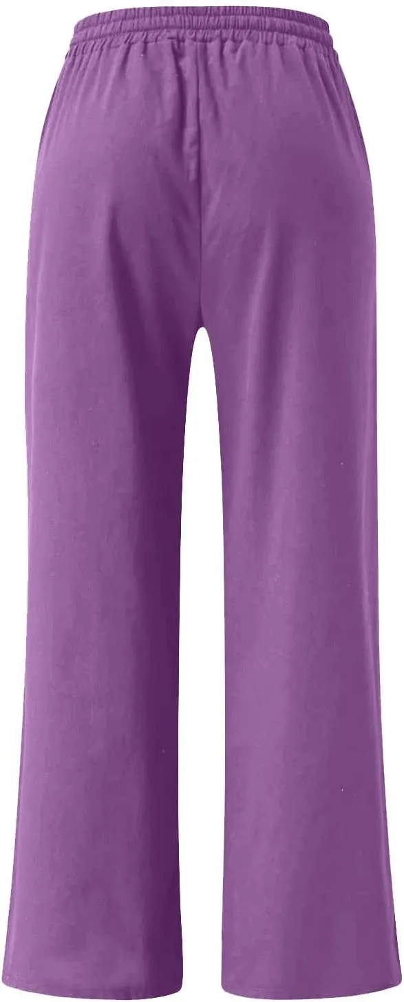 Linen Pants Women Casual Loose Fit Beach Wide Leg Trousers Summer Drawstring Flowy Lounge Palazzo with Pockets