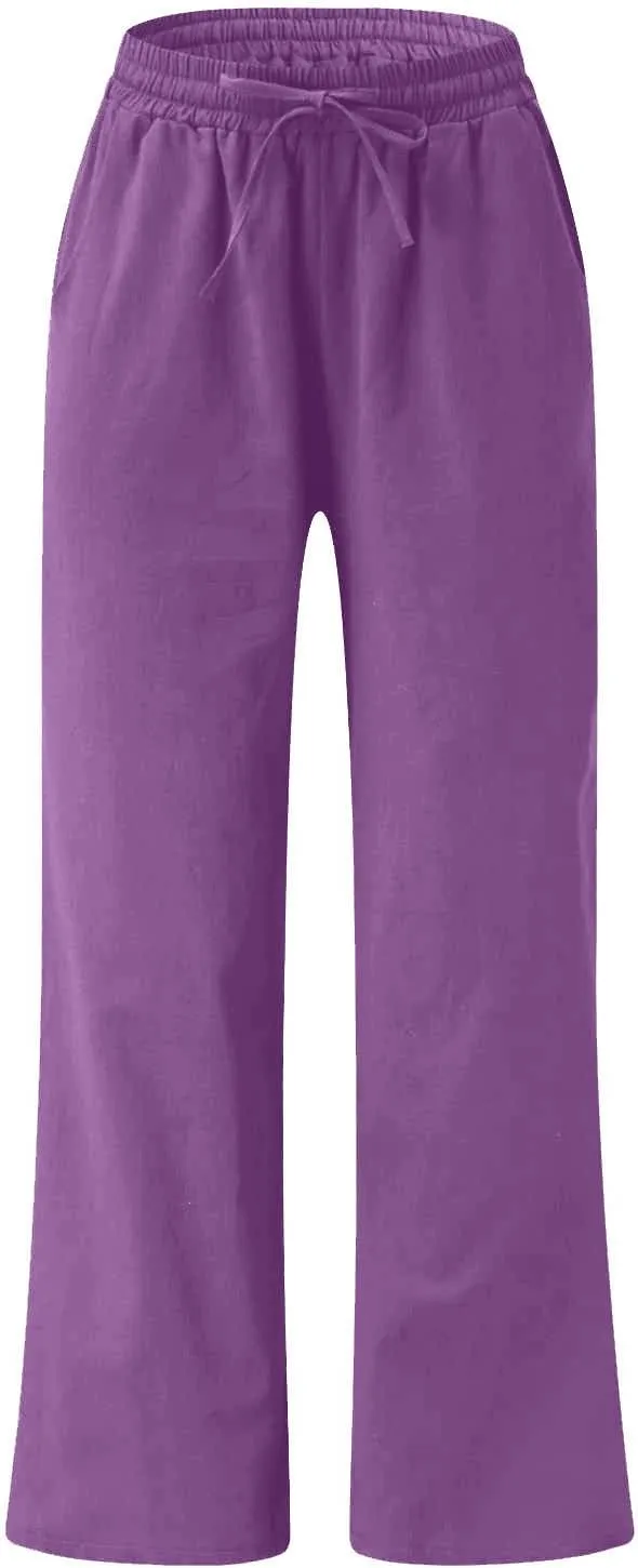 Linen Pants Women Casual Loose Fit Beach Wide Leg Trousers Summer Drawstring Flowy Lounge Palazzo with Pockets