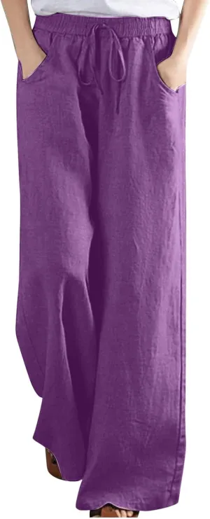 Linen Pants Women Casual Loose Fit Beach Wide Leg Trousers Summer Drawstring Flowy Lounge Palazzo with Pockets