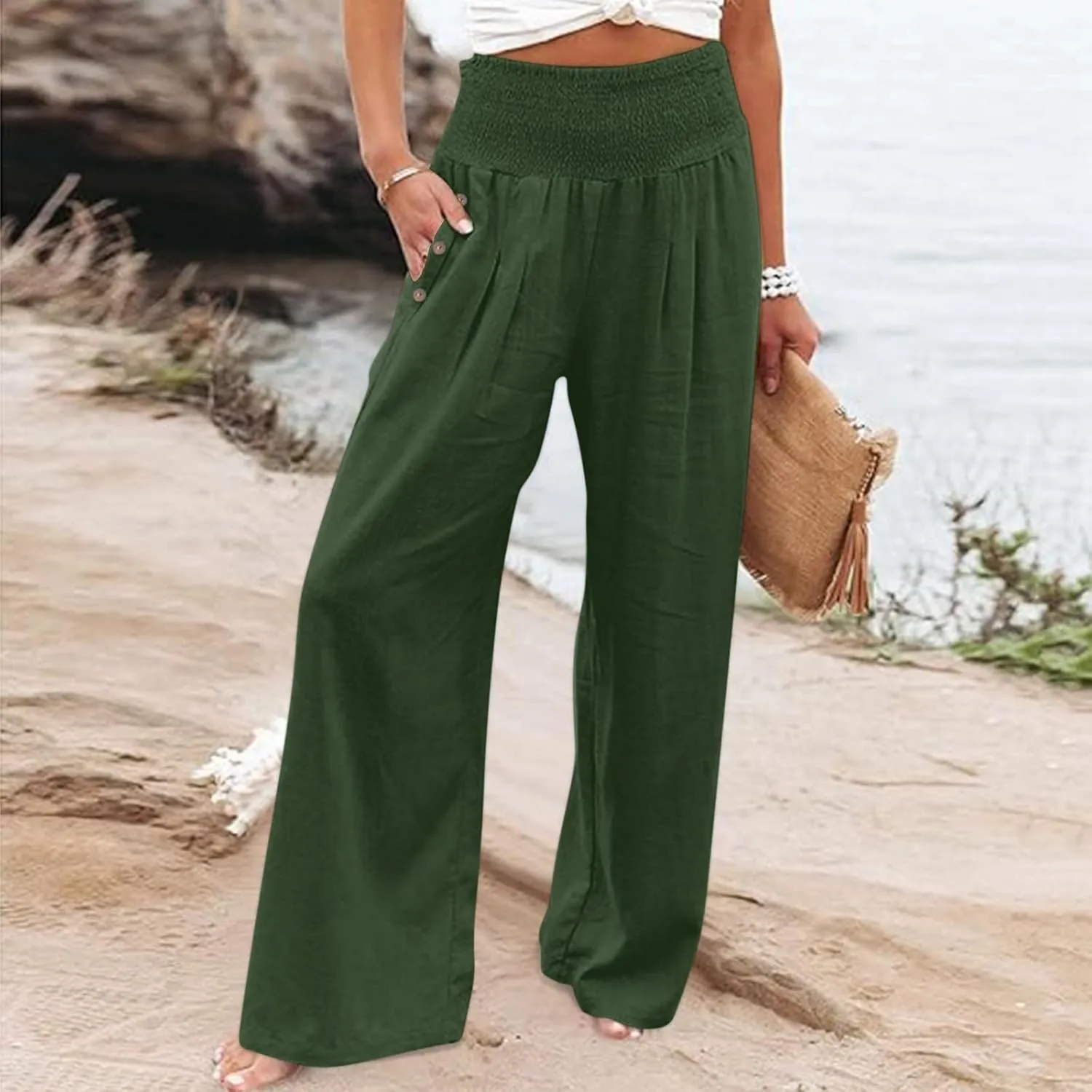 Linen Pants Women Summer Wide Leg High Waist Smocked Palazzo Pants Beach Travel Trousers with Pockets Boho Flowy Work Pants