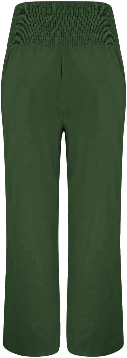 Linen Pants Women Summer Wide Leg High Waist Smocked Palazzo Pants Beach Travel Trousers with Pockets Boho Flowy Work Pants