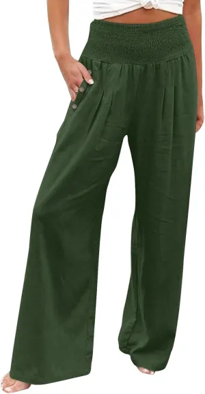 Linen Pants Women Summer Wide Leg High Waist Smocked Palazzo Pants Beach Travel Trousers with Pockets Boho Flowy Work Pants