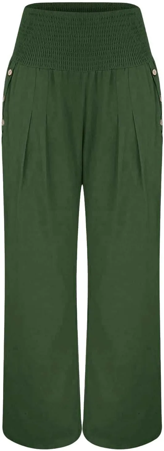 Linen Pants Women Summer Wide Leg High Waist Smocked Palazzo Pants Beach Travel Trousers with Pockets Boho Flowy Work Pants