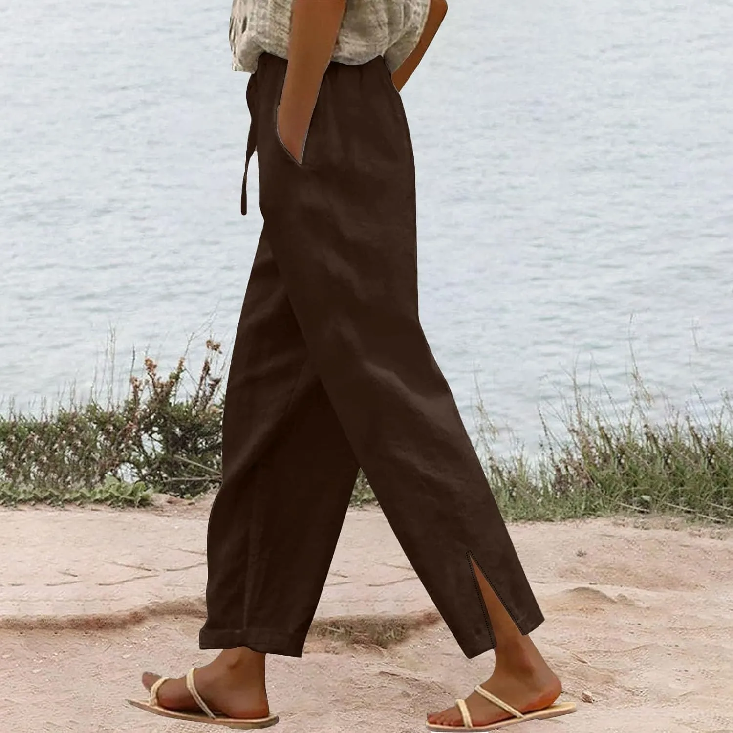 Linen Pants Women with Pockets Loose Elastic High Waisted Comfy Beach Trousers Summer Lightweight Casual Pants