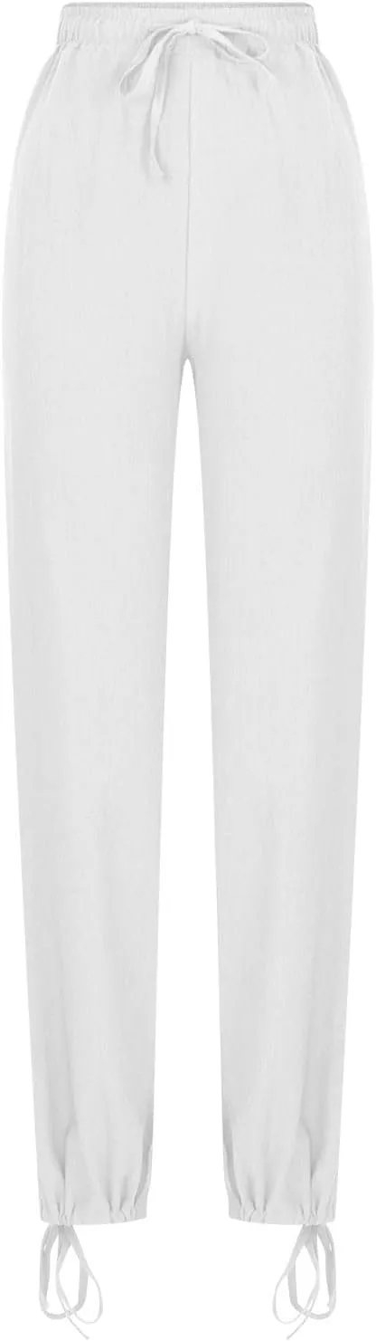 Linen Pants Women's Summer Drawstring Waist Wide Leg Pant Loose Cotton Linen Palazzo Slacks Casual Beach Long Trousers