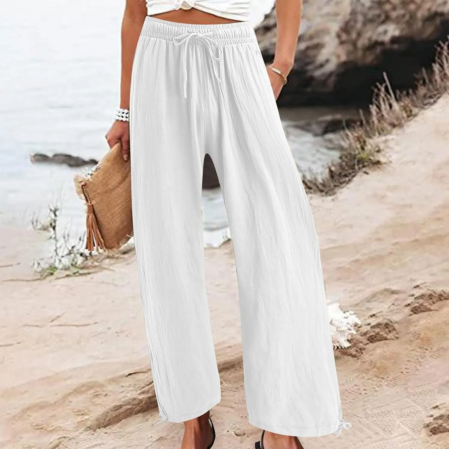 Linen Pants Women's Summer Drawstring Waist Wide Leg Pant Loose Cotton Linen Palazzo Slacks Casual Beach Long Trousers
