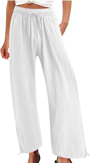 Linen Pants Women's Summer Drawstring Waist Wide Leg Pant Loose Cotton Linen Palazzo Slacks Casual Beach Long Trousers