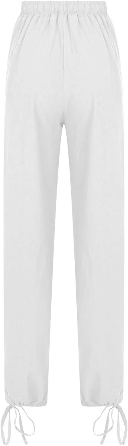 Linen Pants Women's Summer Drawstring Waist Wide Leg Pant Loose Cotton Linen Palazzo Slacks Casual Beach Long Trousers