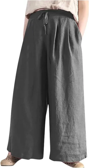 Lmdudan 2025 Wide Leg Work Pants for Women Drawstring Waist Travel Pants with Pockets Casual Lightweight Trousers Pants