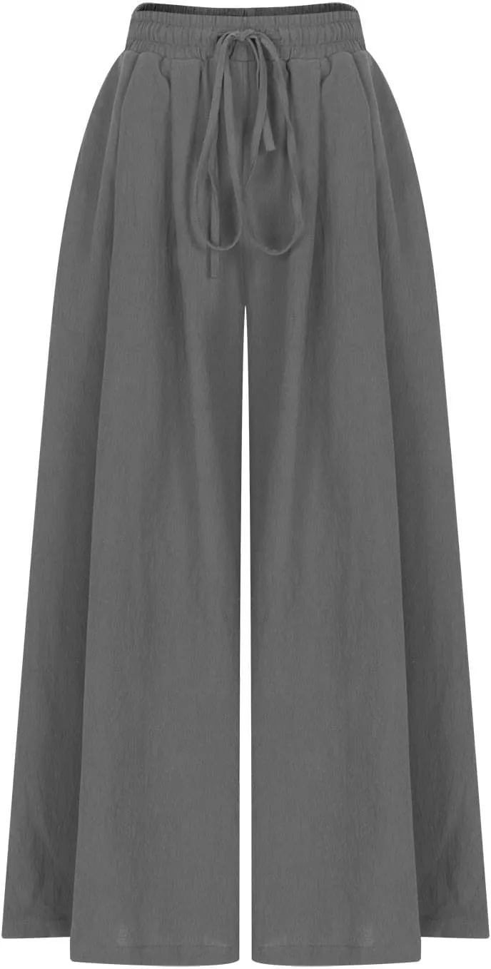 Lmdudan 2025 Wide Leg Work Pants for Women Drawstring Waist Travel Pants with Pockets Casual Lightweight Trousers Pants
