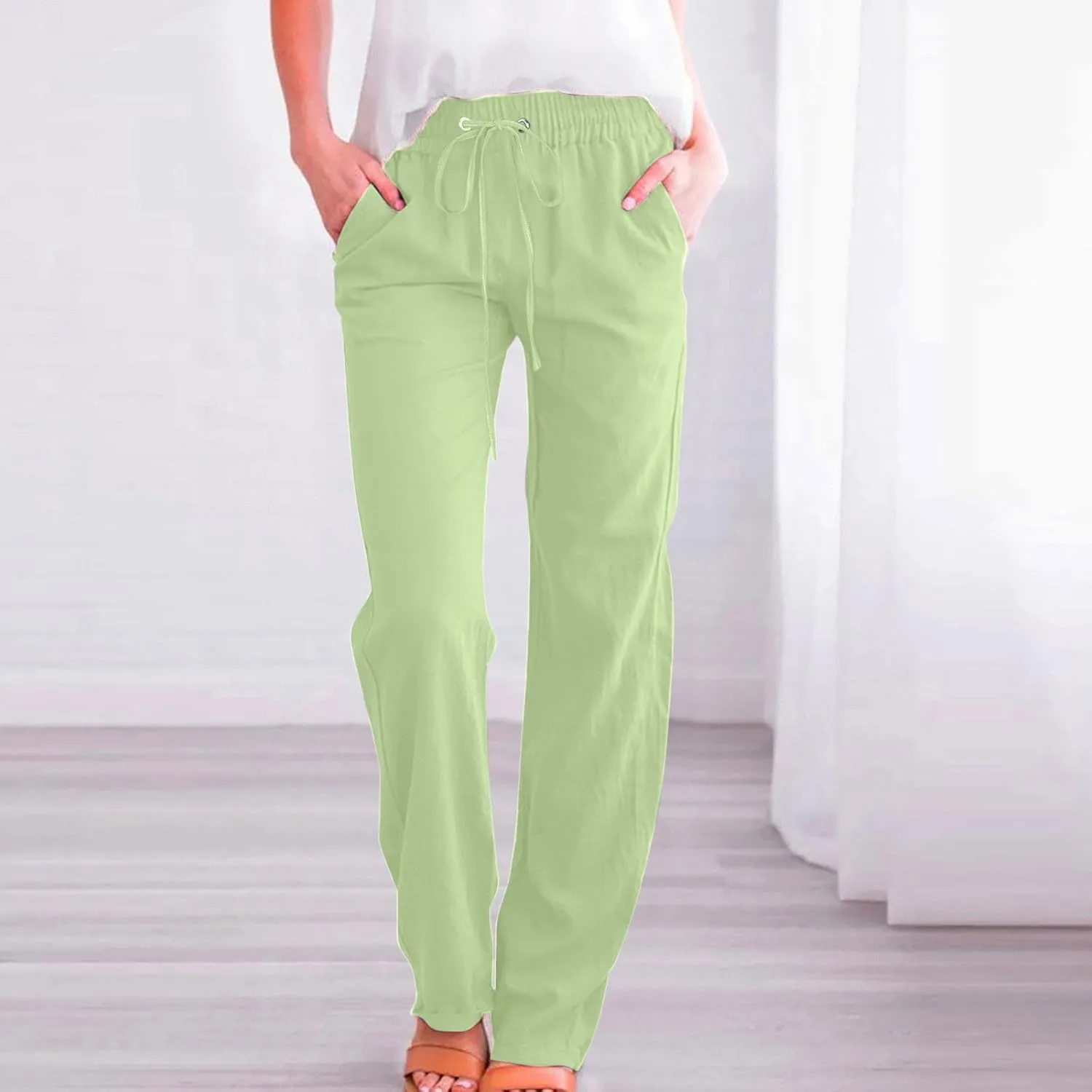 Lmdudan 2025 Women Casual Linen High Waist Pants Drawstring Loose Fit Summer Pants Elastic Waist Trousers with Pockets