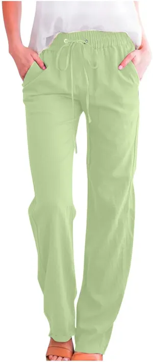 Lmdudan 2025 Women Casual Linen High Waist Pants Drawstring Loose Fit Summer Pants Elastic Waist Trousers with Pockets