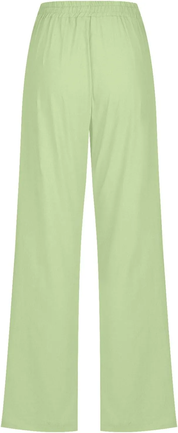 Lmdudan 2025 Women Casual Linen High Waist Pants Drawstring Loose Fit Summer Pants Elastic Waist Trousers with Pockets