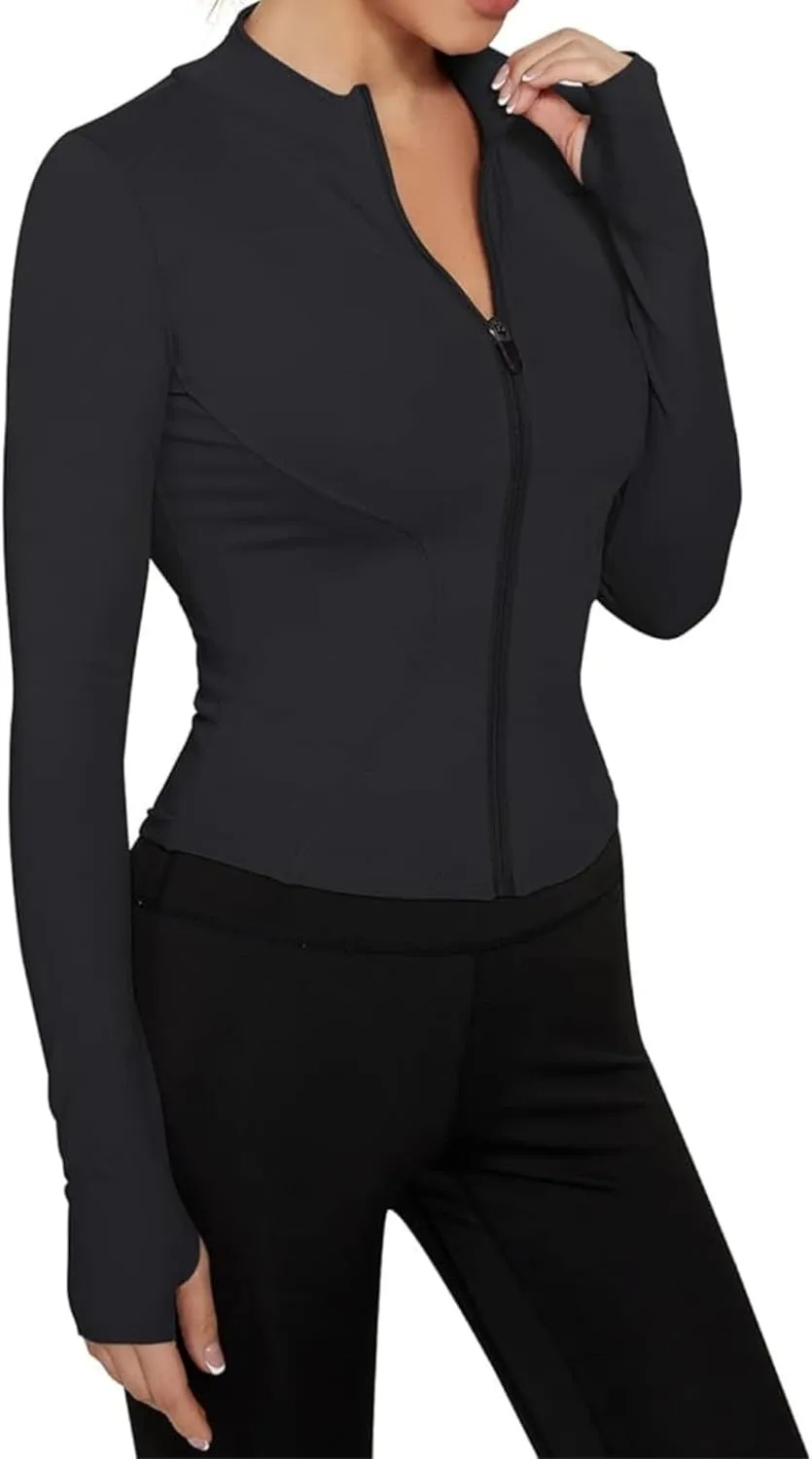 Long Sleeve Workout Tops Zip Up Jackets for Women Lightweight Athletic Tops Slim Fit Yoga Jacket with Thumb Holes