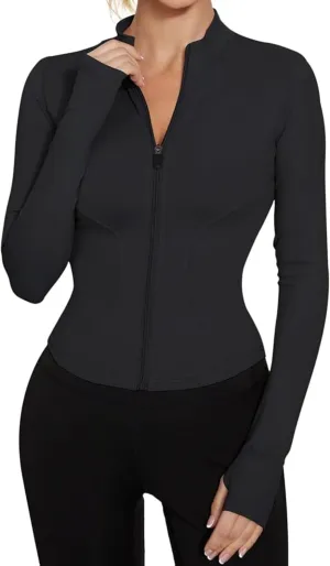 Long Sleeve Workout Tops Zip Up Jackets for Women Lightweight Athletic Tops Slim Fit Yoga Jacket with Thumb Holes