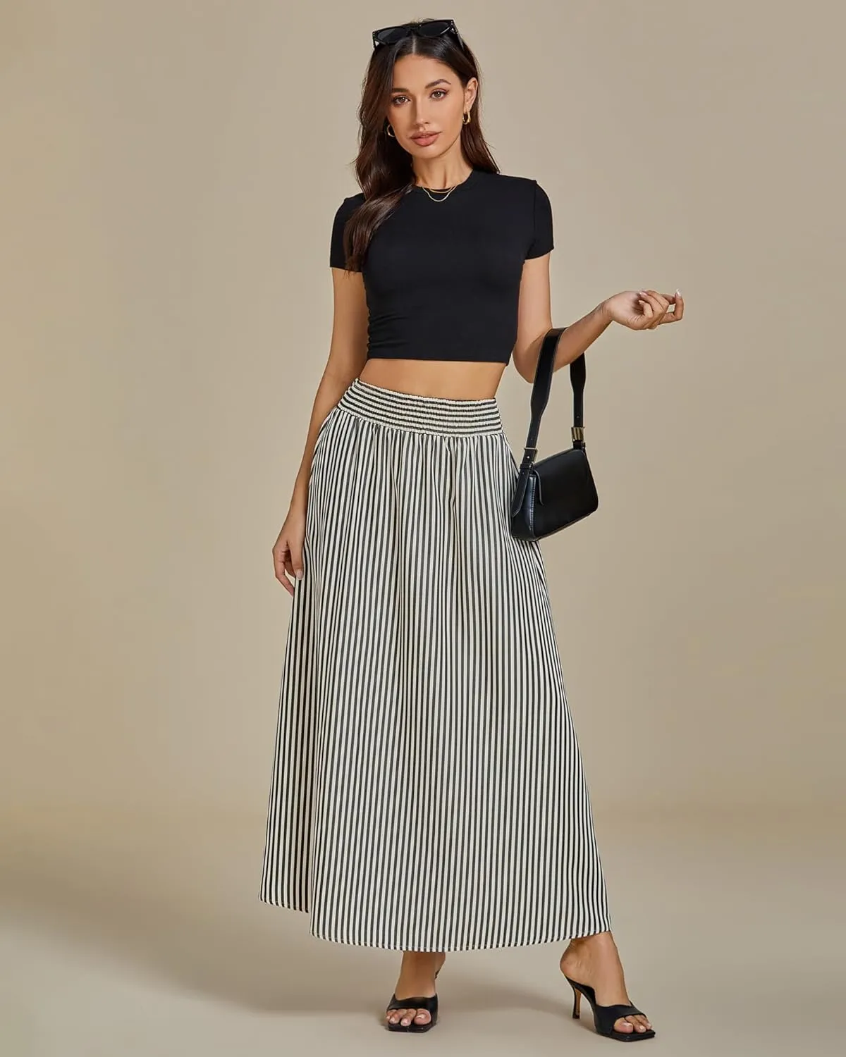 luvamia Striped Skirts for Women Maxi Long Flowy Trendy Smocked Elastic Waist Summer Beach Vacation Skirt with Pockets
