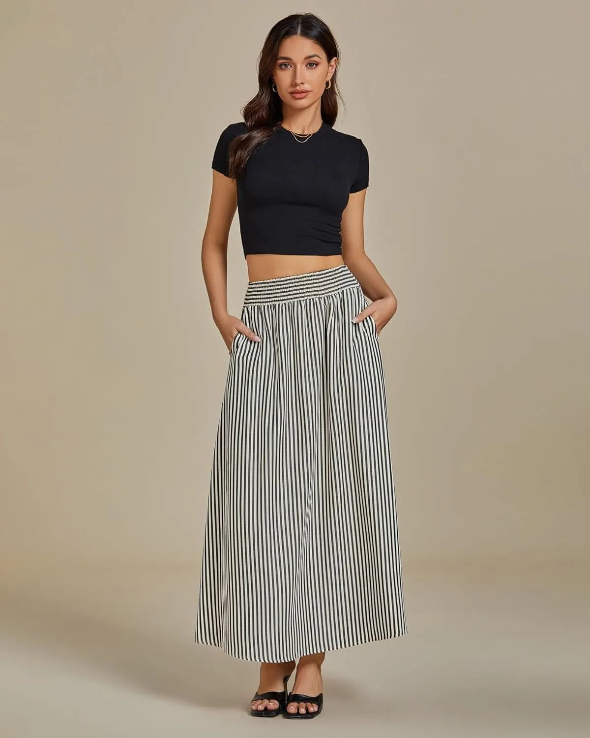 luvamia Striped Skirts for Women Maxi Long Flowy Trendy Smocked Elastic Waist Summer Beach Vacation Skirt with Pockets