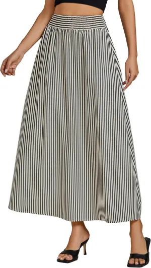 luvamia Striped Skirts for Women Maxi Long Flowy Trendy Smocked Elastic Waist Summer Beach Vacation Skirt with Pockets