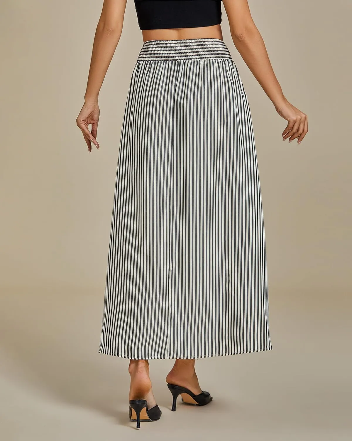 luvamia Striped Skirts for Women Maxi Long Flowy Trendy Smocked Elastic Waist Summer Beach Vacation Skirt with Pockets