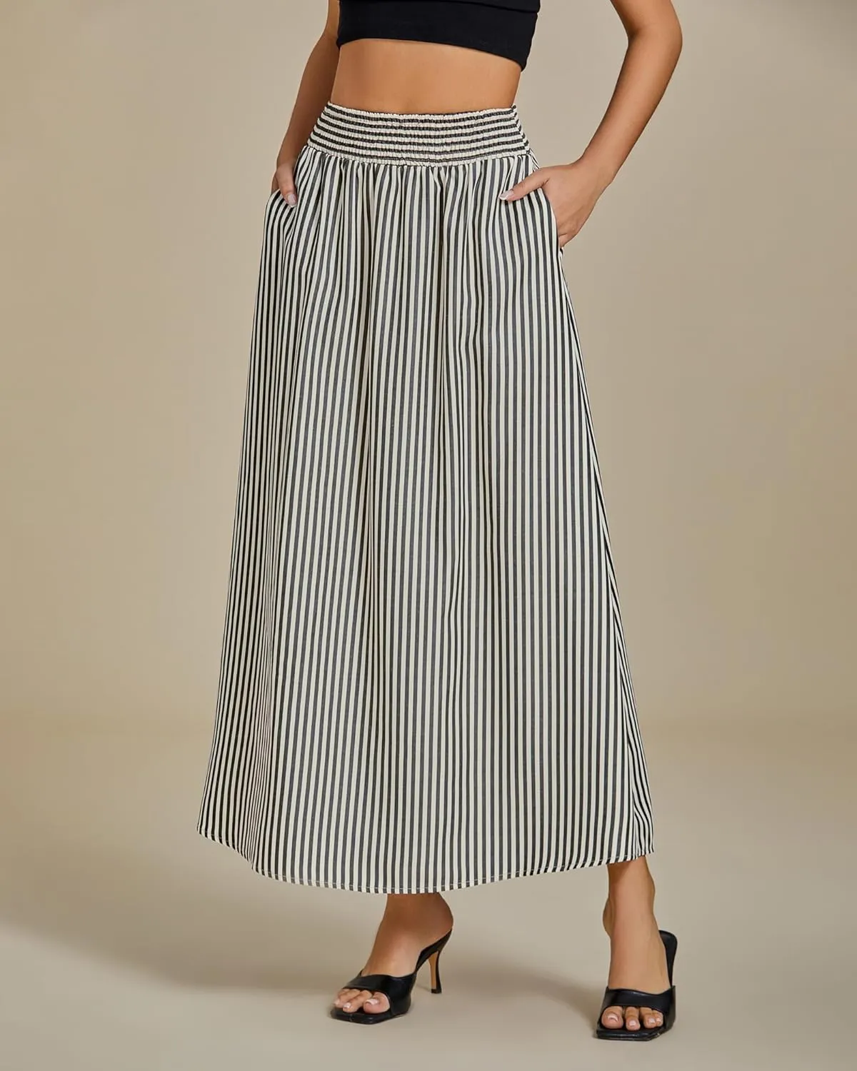 luvamia Striped Skirts for Women Maxi Long Flowy Trendy Smocked Elastic Waist Summer Beach Vacation Skirt with Pockets