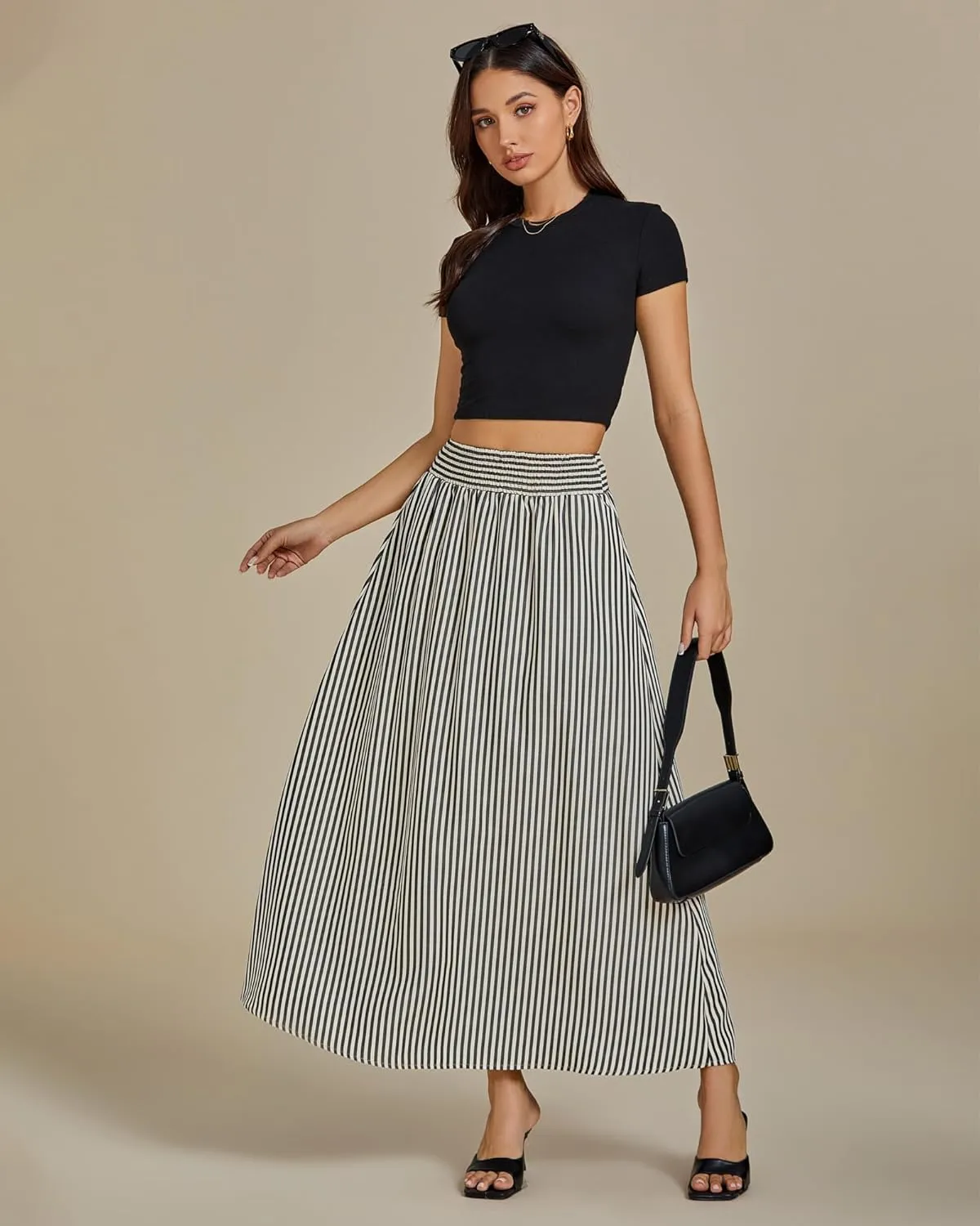 luvamia Striped Skirts for Women Maxi Long Flowy Trendy Smocked Elastic Waist Summer Beach Vacation Skirt with Pockets