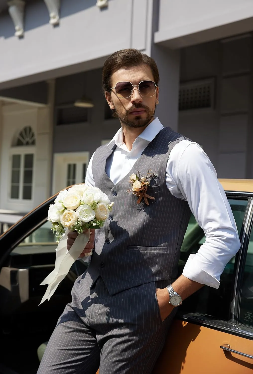 MAGE MALE Men's Pinstripe Suit 2 Piece Vest and Pants Set Wedding Groomsmen Summer Slim Fit Formal Prom Tuxedo
