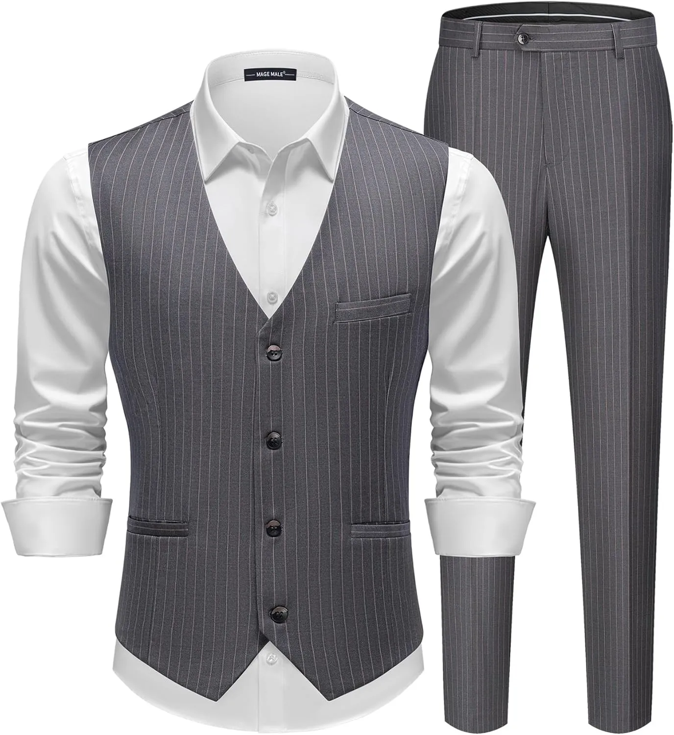 MAGE MALE Men's Pinstripe Suit 2 Piece Vest and Pants Set Wedding Groomsmen Summer Slim Fit Formal Prom Tuxedo