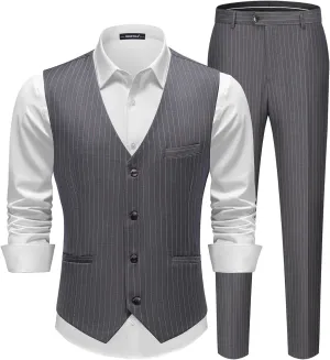 MAGE MALE Men's Pinstripe Suit 2 Piece Vest and Pants Set Wedding Groomsmen Summer Slim Fit Formal Prom Tuxedo