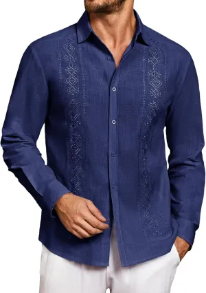 Makkrom Men's Casual Cotton Linen Button Down Shirts Cuban Guayabera Shirt Long Sleeve Summer Beach Tops