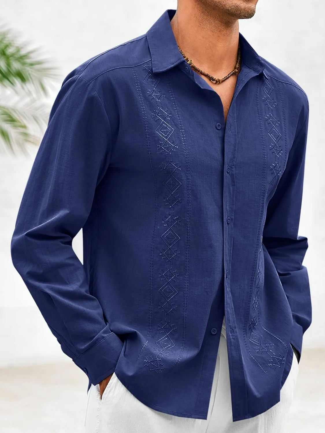 Makkrom Men's Casual Cotton Linen Button Down Shirts Cuban Guayabera Shirt Long Sleeve Summer Beach Tops
