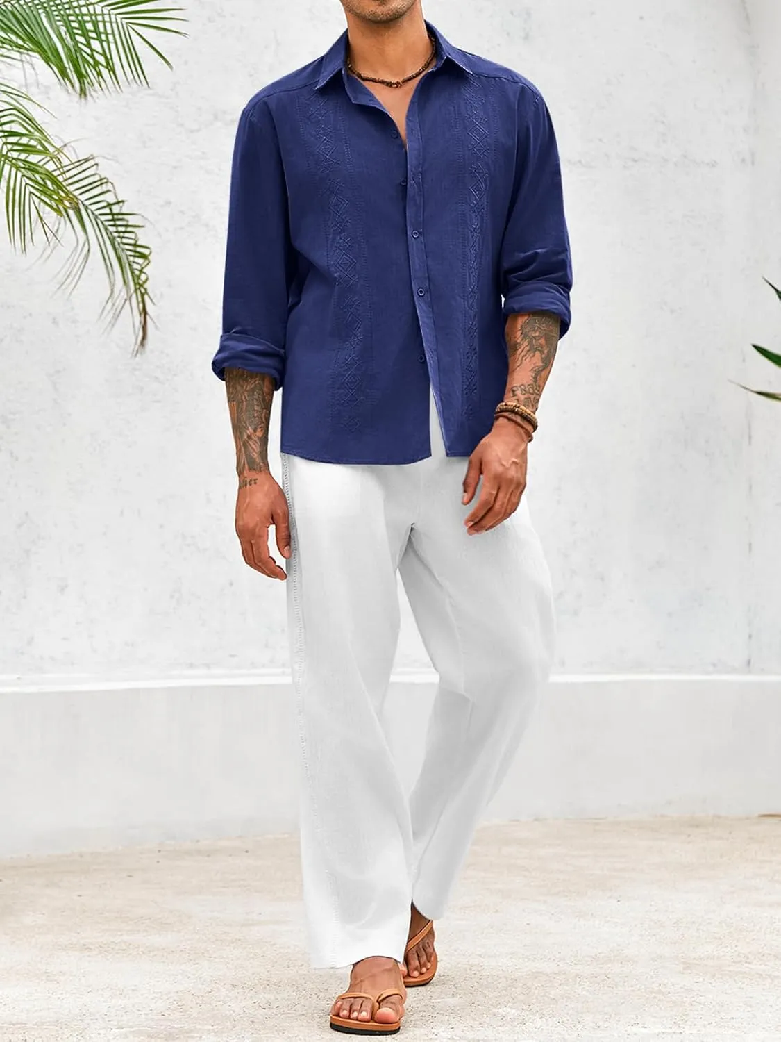 Makkrom Men's Casual Cotton Linen Button Down Shirts Cuban Guayabera Shirt Long Sleeve Summer Beach Tops