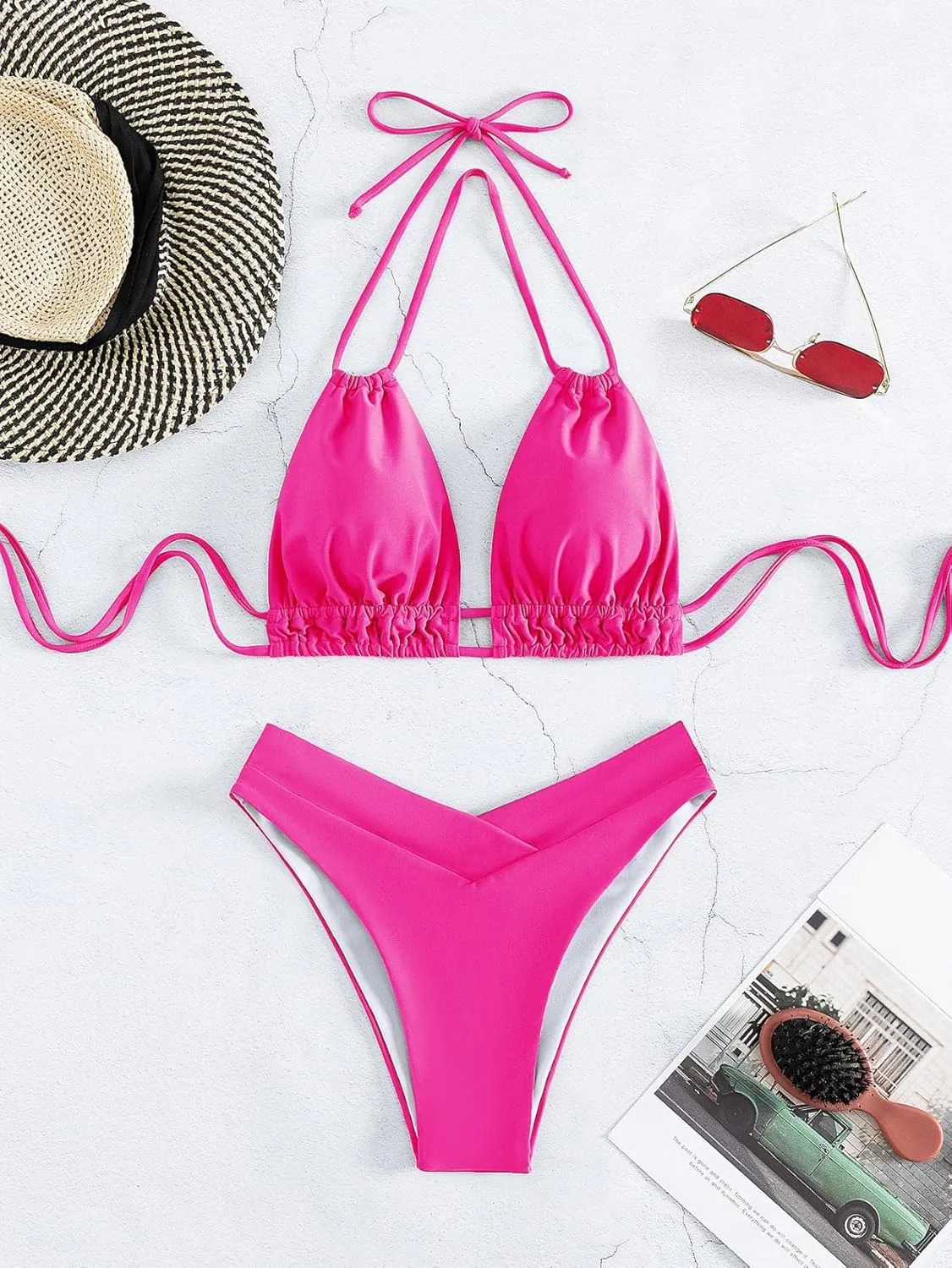 Meetall Cheeky High Cut Triangle Bikini Sets for Women Cute Halter Top Swimsuits 2 Piece