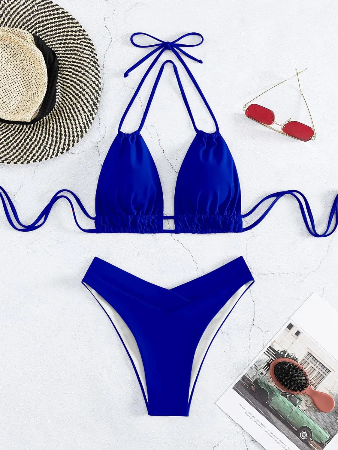Meetall Cheeky High Cut Triangle Bikini Sets for Women Cute Halter Top Swimsuits 2 Piece