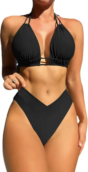 Meetall Cheeky High Cut Triangle Bikini Sets for Women Cute Halter Top Swimsuits 2 Piece