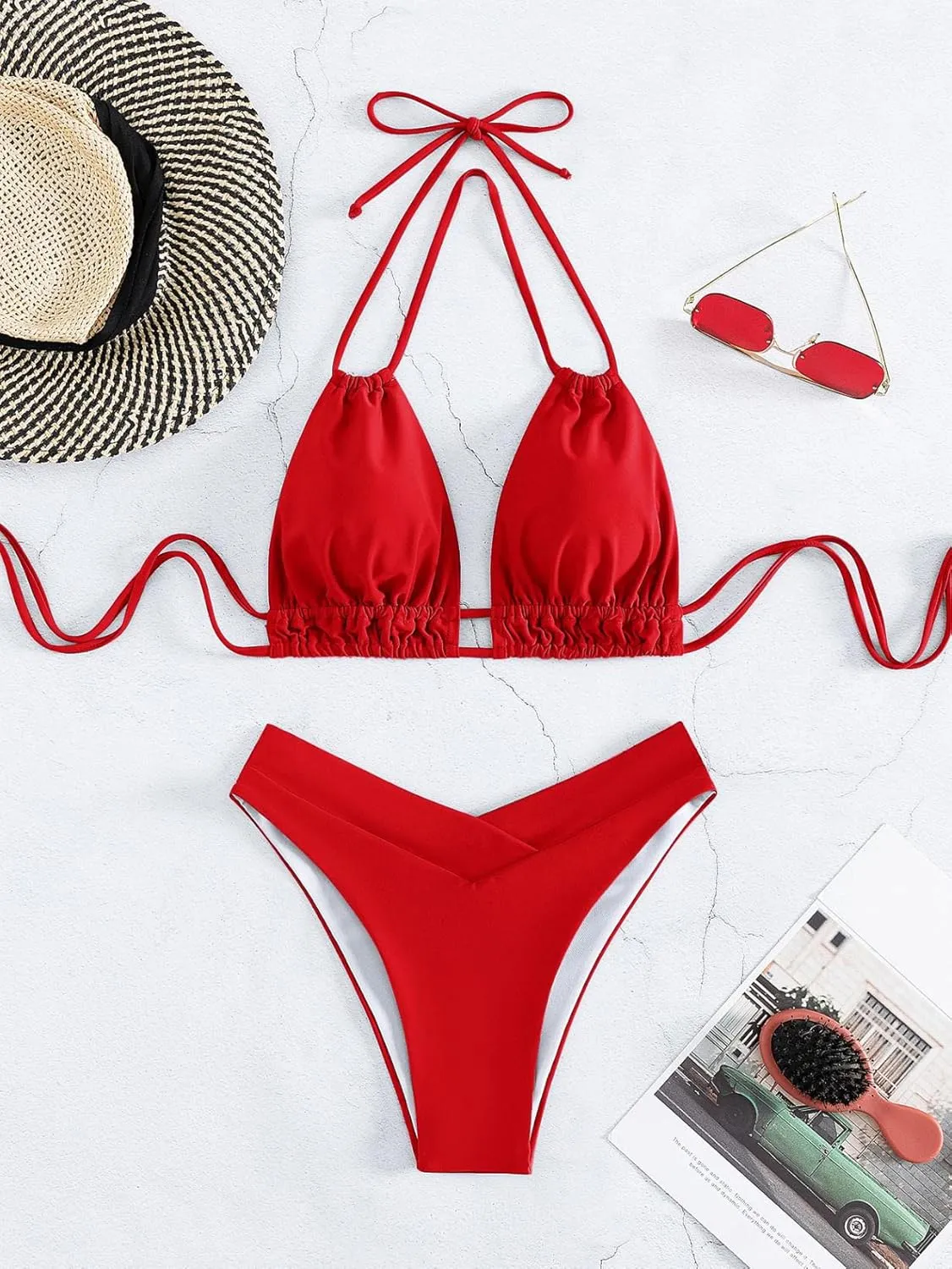 Meetall Cheeky High Cut Triangle Bikini Sets for Women Cute Halter Top Swimsuits 2 Piece